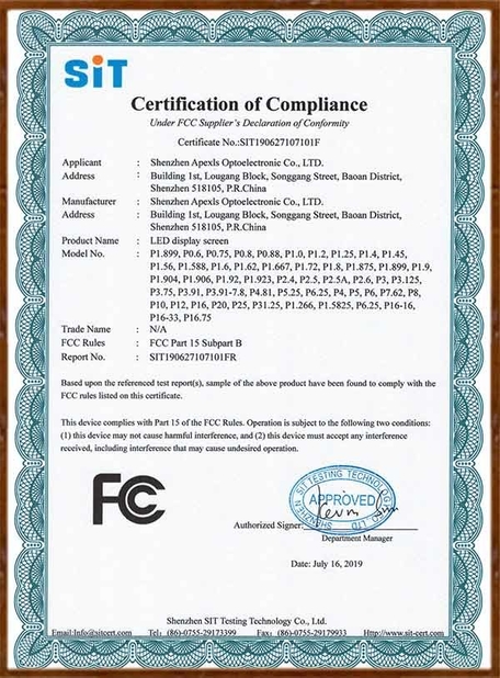 China Shenzhen Apexls Optoelectronic Co.,LTD certification